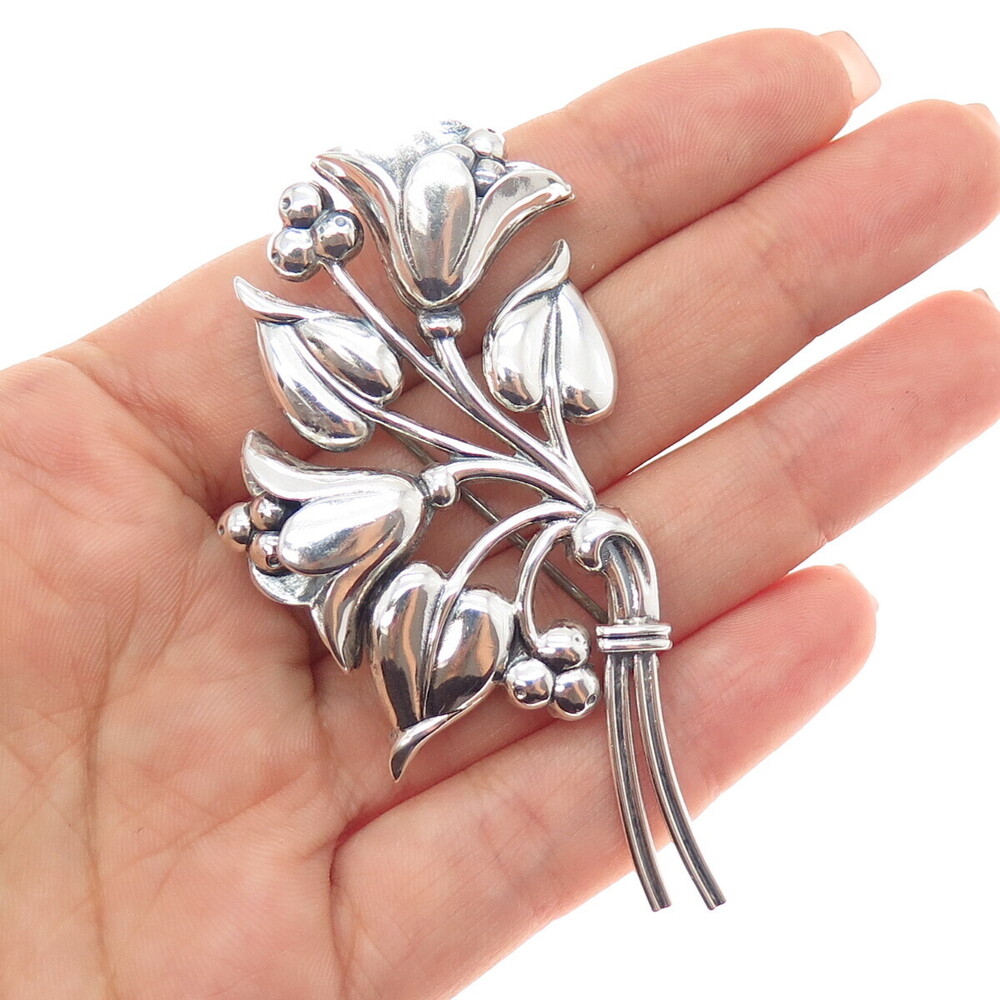 CORO CRAFT 925 Sterling Silver Vintage Tulip Flower Oxidized Pin Brooch